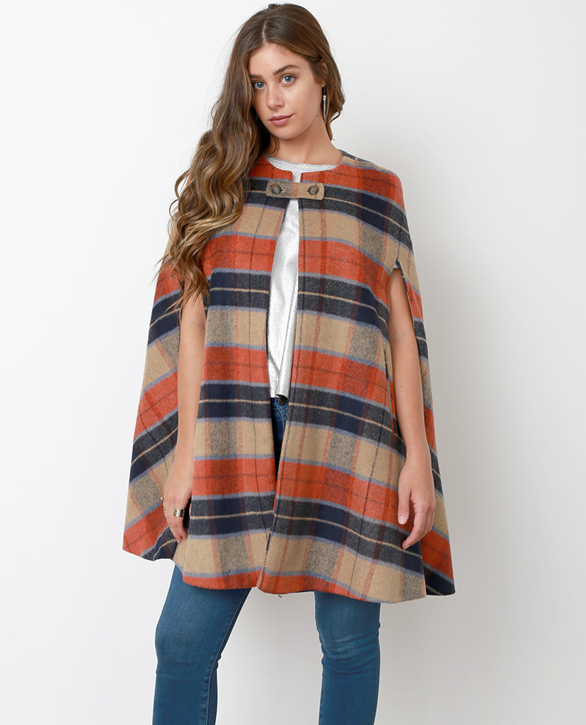 Attitude Is Everything Plaid Cape Coat - Brown/Orange - Piin | www.ShopPiin.com