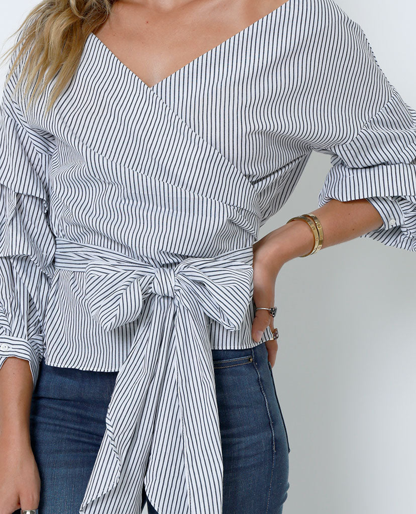 New Ways Wrap Blouse - White/Navy - Piin | ShopPiin.com
