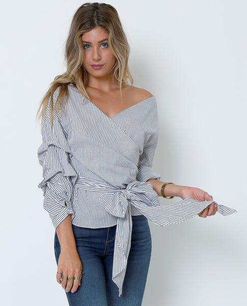 New Ways Wrap Blouse - White/Navy - Piin | ShopPiin.com