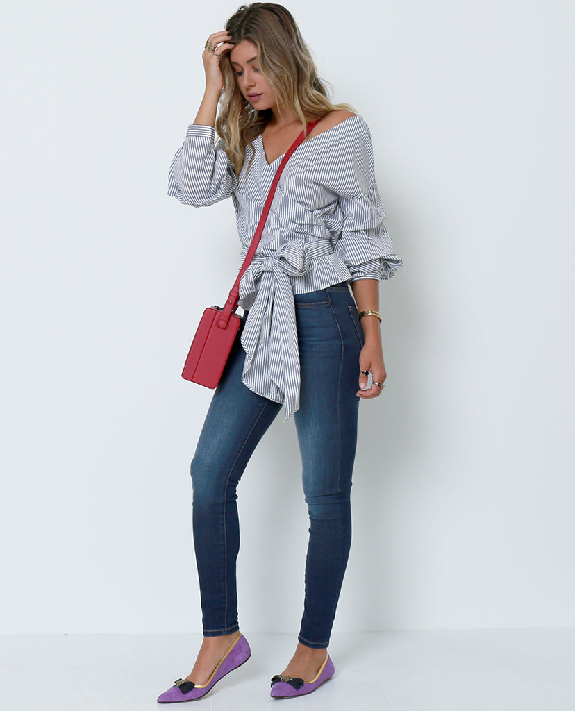New Ways Wrap Blouse - White/Navy - Piin | ShopPiin.com