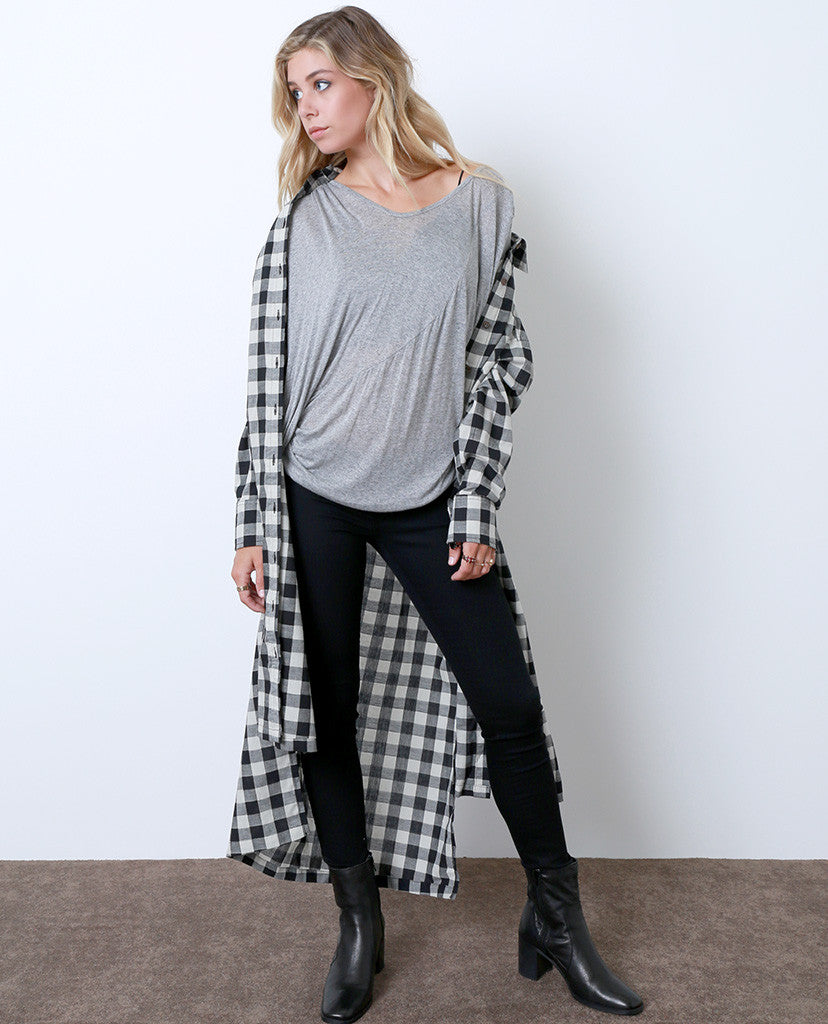 plaid shirt dress with leggings AsGony Plaid Panel Button-Down Long Shirt Dress Black / S