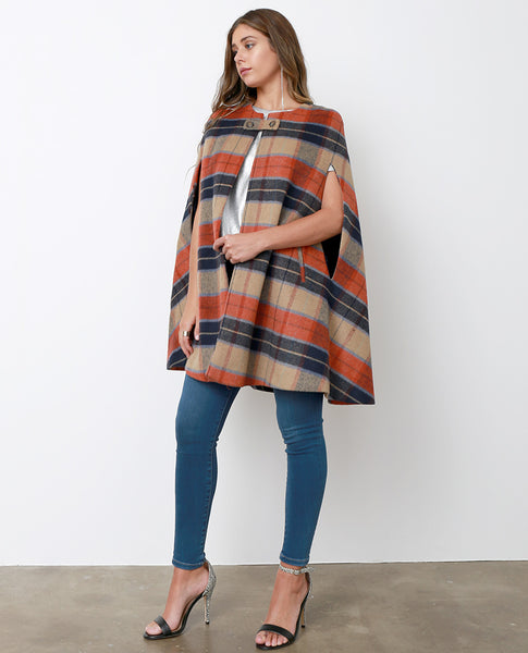 Attitude Is Everything Plaid Cape Coat - Brown/Orange - Piin | www.ShopPiin.com