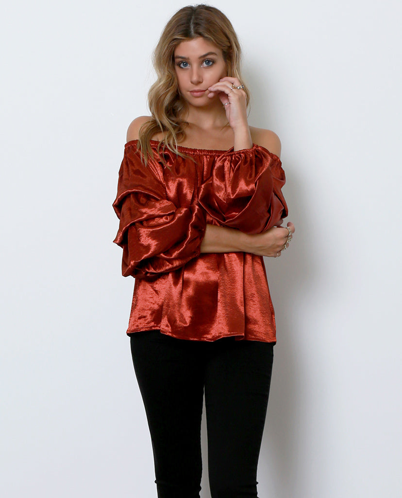 Hint Of Shimmer Off-The-Shoulder Top - Copper - Piin | ShopPiin.com